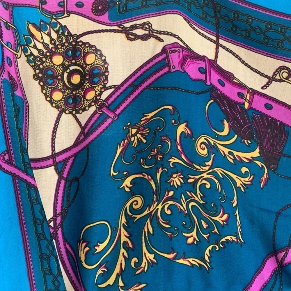 Equestrian Baroque Print Oversized Square Scarf Teal Blue Pink Belt Chain Tassel